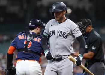 Cody Bellinger of the New York Yankees reacts after striking out against the Houston Astros.