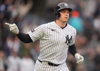 Ben Rice reacting after hitting a three-run homer.