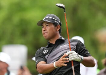 Hideki Matsuyama watches his drive during the Valero Texas Open.