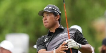 Hideki Matsuyama watches his drive during the Valero Texas Open.