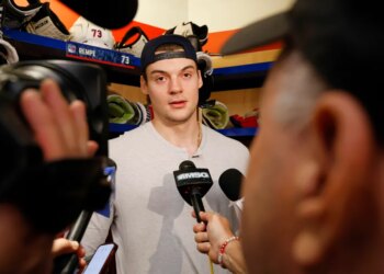 Rangers center Matt Rempe (73) when the New York Rangers held their end of season interviews Friday, April 17, 2026 at Madison Square Garden Training Center in Greenburgh, NY.