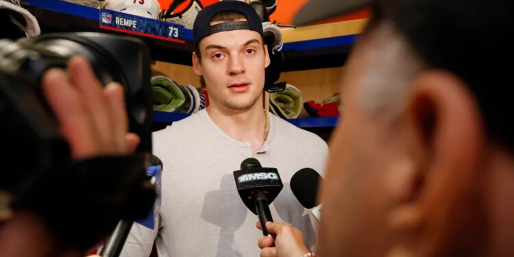 Rangers center Matt Rempe (73) when the New York Rangers held their end of season interviews Friday, April 17, 2026 at Madison Square Garden Training Center in Greenburgh, NY.