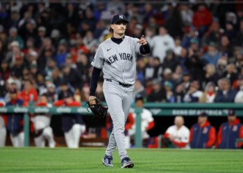 New York Yankees pitcher Max Fried (54) reacts after getting Boston Red Sox shortstop Andruw Monasterio (32) to ground out ending the sixth inning.
