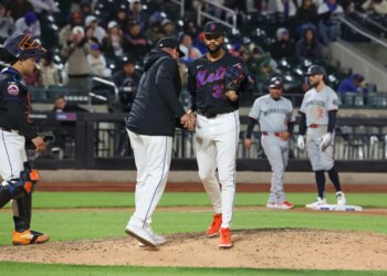 New York Mets pitcher Devin Williams (38) is taken out of the game.