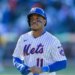 Jorge Polanco (11) reacts as he walks back to the dugout after he flies out for the final out of the tenth inning at Citi Field, Sunday, March 29, 2026, in Queens, NY.