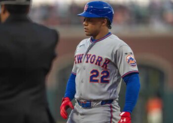 Juan Soto (22) reacts on a call strike against the San Francisco Giants during the first inning at Oracle Park.
