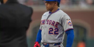 Juan Soto (22) reacts on a call strike against the San Francisco Giants during the first inning at Oracle Park.
