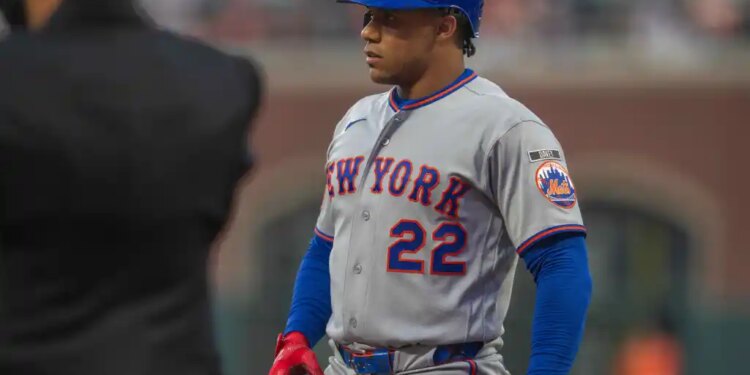 Juan Soto (22) reacts on a call strike against the San Francisco Giants during the first inning at Oracle Park.