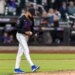 New York Mets pitcher Devin Williams (38) reacts in the ninth inning against the Minnesota Twins at Citi Field, Thursday, April 23, 2026.
