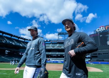 Nolan McLean (r.) walks with pitcher Clay Holmes before a game against the Pittsburgh Pirates at Citi Field, Saturday, March 28, 2026, in Queens, NY.