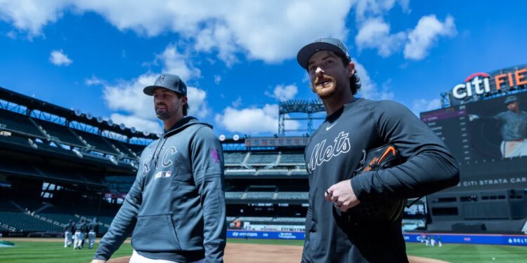 Nolan McLean (r.) walks with pitcher Clay Holmes before a game against the Pittsburgh Pirates at Citi Field, Saturday, March 28, 2026, in Queens, NY.