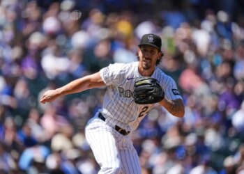 Colorado Rockies starting pitcher Michael Lorenzen working against the Los Angeles Dodgers.