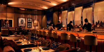 Illustration of a restaurant interior with a bar, chefs, and dining tables.