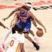 Nickeil Alexander-Walker steals the ball from Mikal Bridgets during the Knicks' 114-98 Game 4 win over the Hawks on April 25, 2026 in Atlanta.