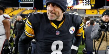 Pittsburgh Steelers quarterback Aaron Rodgers (8) walks off the field.