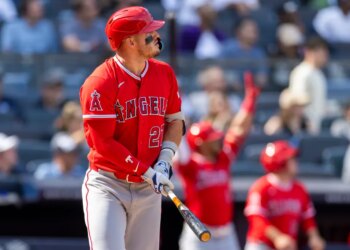 Mike Trout belts a solo home run in the seventh inning of the Yankees' 11-4 blowout loss to the Angels on April 16, 2026 at the Stadium.