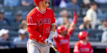 Mike Trout belts a solo home run in the seventh inning of the Yankees' 11-4 blowout loss to the Angels on April 16, 2026 at the Stadium.