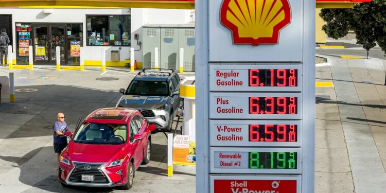 A Shell gas station with fuel prices over $6 for gasoline and over $8 for renewable diesel.