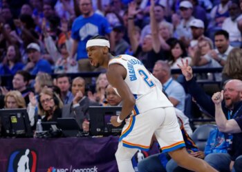 Oklahoma City Thunder guard Shai Gilgeous-Alexander (2) celebrates after scoring against the New York Knicks during the second half at Paycom Center.