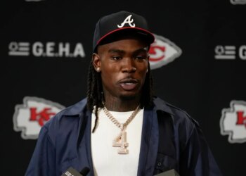 Rashee Rice (4) speaks during a news conference following an NFL football game against the Indianapolis Colts, Nov. 23, 2025, in Kansas City, Mo.