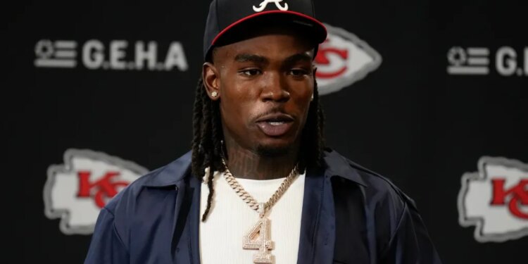 Rashee Rice (4) speaks during a news conference following an NFL football game against the Indianapolis Colts, Nov. 23, 2025, in Kansas City, Mo.