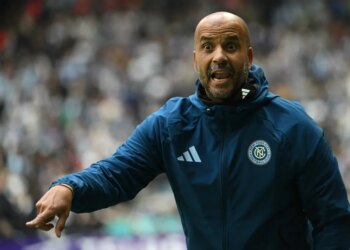 NYCFC head coach Pascal Jansen yells out instructions during his team's 2-0 loss to Vancouver on April 11, 2026.