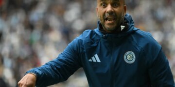 NYCFC head coach Pascal Jansen yells out instructions during his team's 2-0 loss to Vancouver on April 11, 2026.