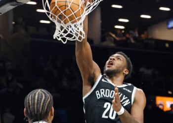Day'ron Sharpe #20 of the Brooklyn Nets slams the ball during the first half when the Brooklyn Nets played the Dallas Mavericks Tuesday, February 24, 2026 at Barclays Center