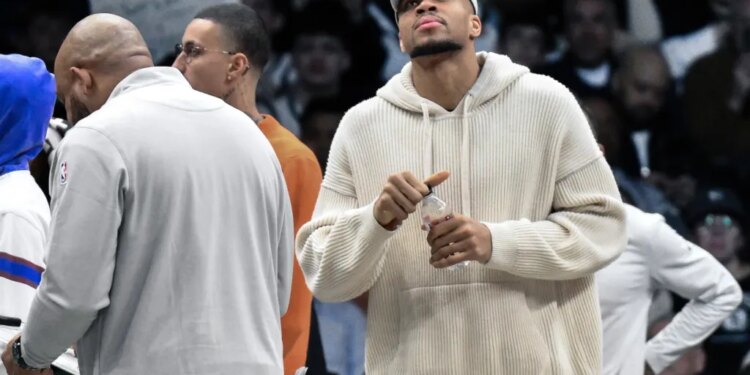 Giannis Antetokounmpo, who did not play, looks on during the Nets' 96-90 win over the Bucks on April 7, 2026 at Barclays Center.