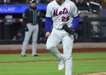 Mets pitcher Nolan McLean (26) reacts to getting out of the sixth inning when the New York Mets played the Arizona Diamondbacks Thursday, April 9, 2026 at Citi Field in Queens, NY.