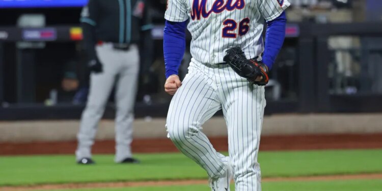 Mets pitcher Nolan McLean (26) reacts to getting out of the sixth inning when the New York Mets played the Arizona Diamondbacks Thursday, April 9, 2026 at Citi Field in Queens, NY.