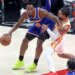 OG Anunoby backs down Gabe Vincent during the Knicks 114-98 Game 4 win over the Hawks on April 25, 2026 in Atlanta.
