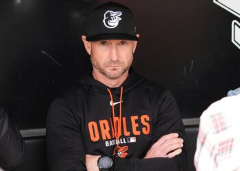 Baltimore Orioles manager Craig Albernaz talks to media in the dugout before a baseball game against the Chicago White Sox in Chicago, Wednesday, April 8, 2026.