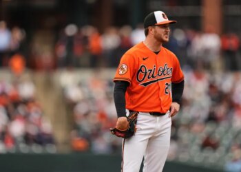Baltimore Orioles starting pitcher Trevor Rogers reacts after loading the bases during the second inning of a baseball game against the Boston Red Sox, Saturday, April 25, 2026, in Baltimore.