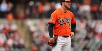 Baltimore Orioles starting pitcher Trevor Rogers reacts after loading the bases during the second inning of a baseball game against the Boston Red Sox, Saturday, April 25, 2026, in Baltimore.