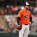 Baltimore Orioles starting pitcher Trevor Rogers reacts after loading the bases during the second inning of a baseball game against the Boston Red Sox, Saturday, April 25, 2026, in Baltimore.