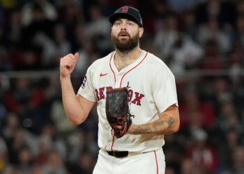 Boston Red Sox pitcher Lucas Giolito reacts after striking out Athletics Lawrence Butler.
