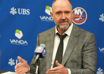New York Islanders head coach Peter DeBoer speaks to the media after a game against the Montreal Canadiens at UBS Arena.