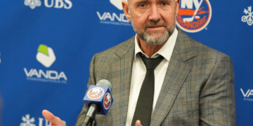 New York Islanders head coach Peter DeBoer speaks to the media after a game against the Montreal Canadiens at UBS Arena.