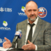 New York Islanders head coach Peter DeBoer speaks to the media after a game against the Montreal Canadiens at UBS Arena.