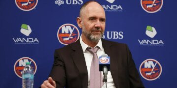 New York Islanders head coach Peter DeBoer speaks to the media at UBS Arena.