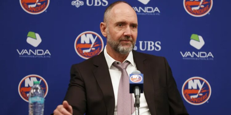 New York Islanders head coach Peter DeBoer speaks to the media at UBS Arena.