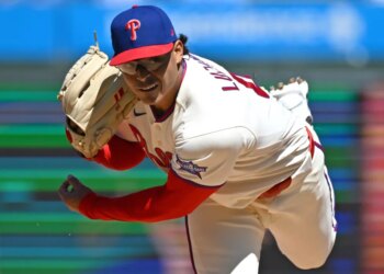 Philadelphia Phillies pitcher Jesús Luzardo follows through on a pitch.