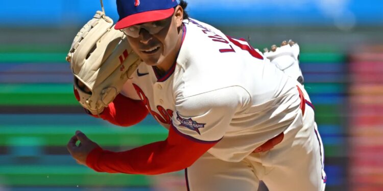 Philadelphia Phillies pitcher Jesús Luzardo follows through on a pitch.