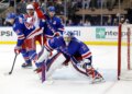 Goaltender Jonathan Quick #32 of the New York Rangers defends the net during the second period at Madison Square Garden.