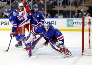 Goaltender Jonathan Quick #32 of the New York Rangers defends the net during the second period at Madison Square Garden.