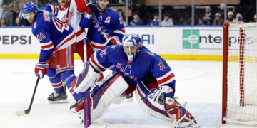 Goaltender Jonathan Quick #32 of the New York Rangers defends the net during the second period at Madison Square Garden.