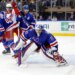 Goaltender Jonathan Quick #32 of the New York Rangers defends the net during the second period at Madison Square Garden.