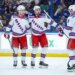 Mika Zibanejad (center) celebrates with Alexis Lafrenière (left) and J.T. Miller after scoring a second-period goal during the Rangers' 4-2 win over the Lightning on April 15, 2026 at Benchmark International Arena.