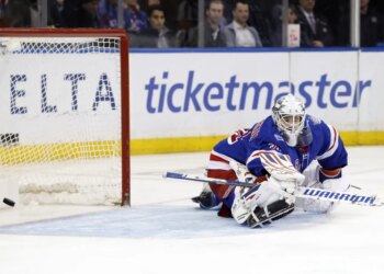 Igor Shesterkin allows a goal to  Alex Newhook (not pictured) during the second period of the Rangers' 3-2 loss to the Canadiens on April 2, 2026 at Madison Square Garden.
